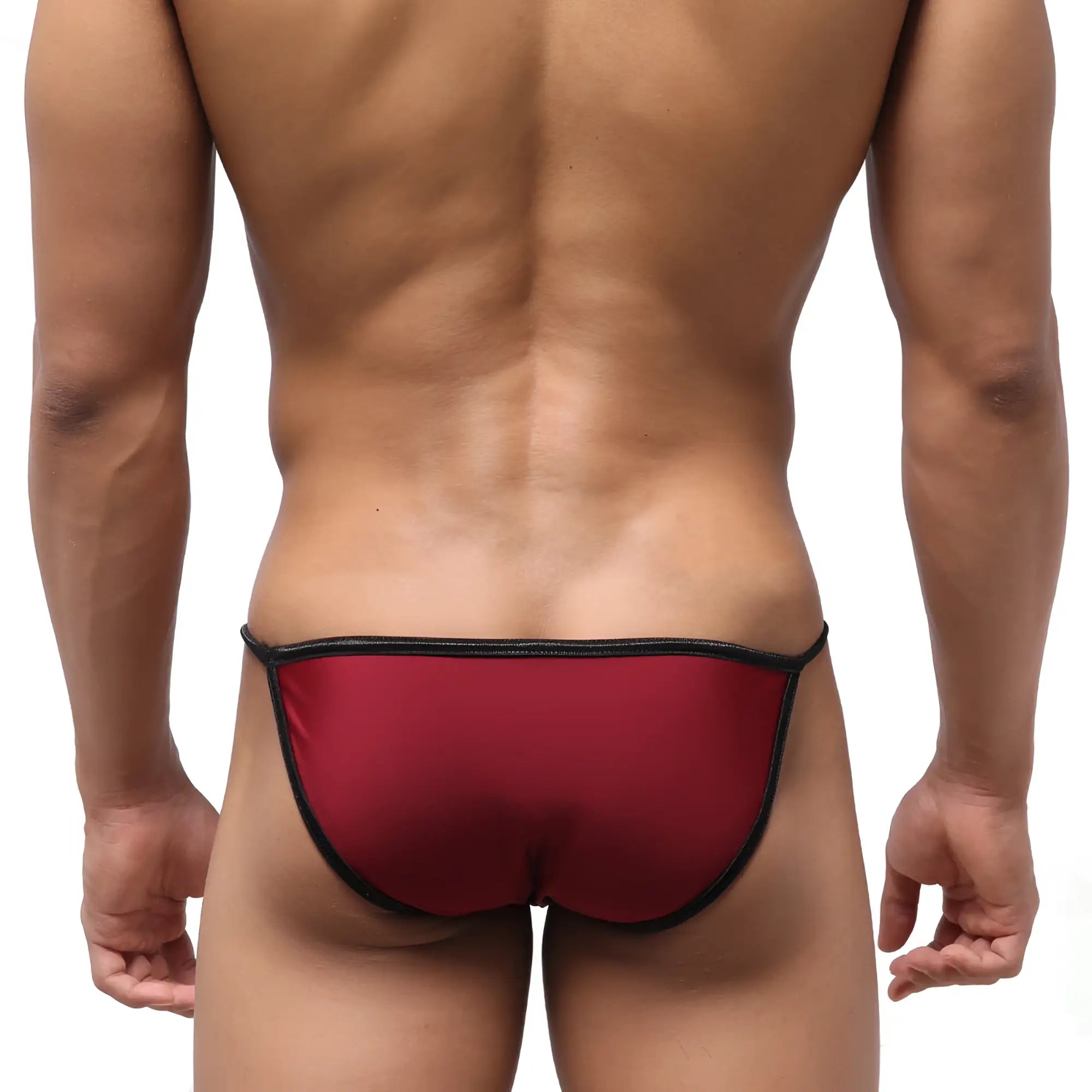 Red thong with black trim swim bikini by metromalewear in wine color showcasing bold design and fit