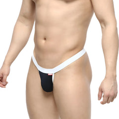 Black and white MetroMaleWear Dangerous thong with red logo on the side in navy fabric front view