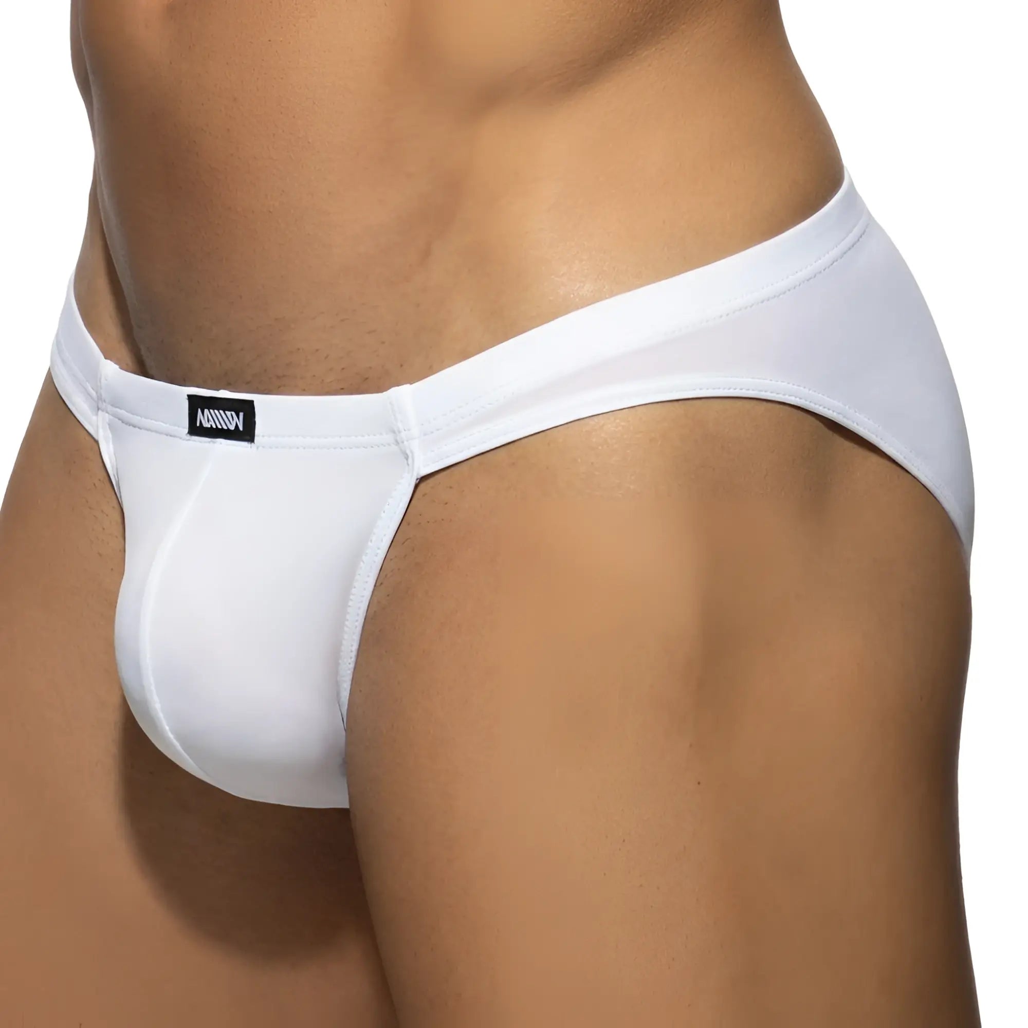 White mens briefs by metromalewear darcian bikini 1016-00 with sleek form fitting design and subtle waistband tag