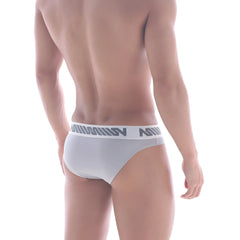 White briefs with a gray logo waistband band from metromalewear delgado bikini grey 2205-10 collection