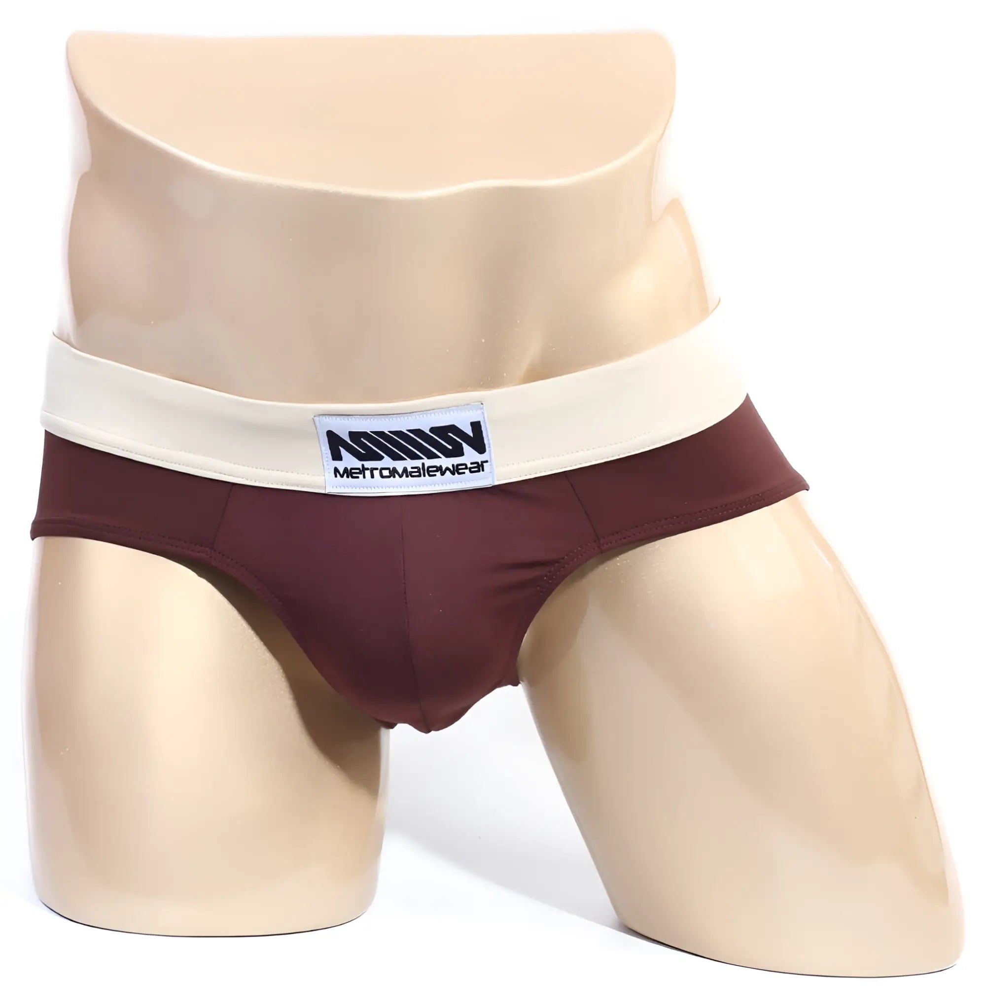 Maroon metroMalewear deportivo brief with cream-colored waistband and branded label in espresso 5203-F23 design