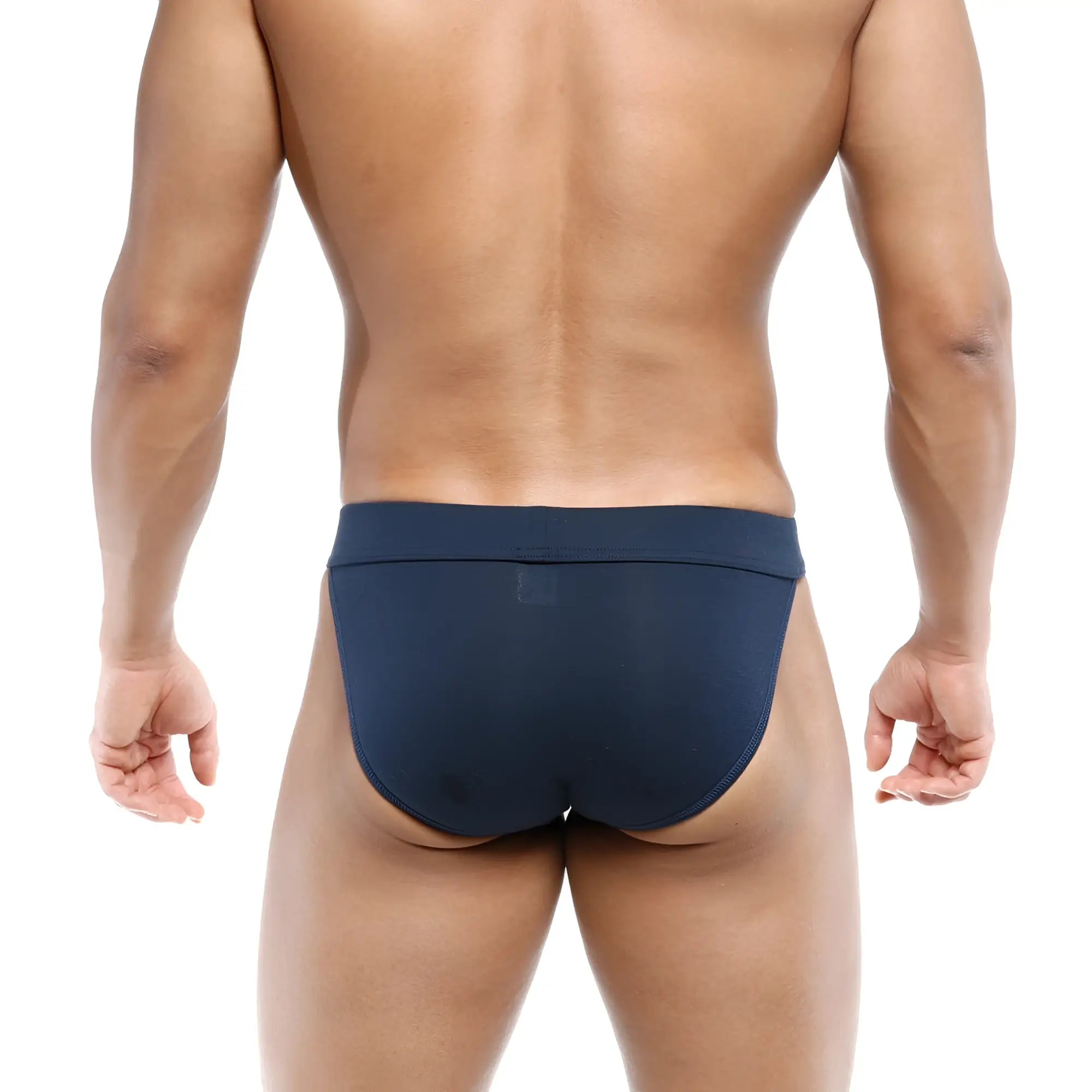 Navymalewear deseo bikini dark blue briefs with smooth form-fitting fabric and subtle elastic waistband shown from the back