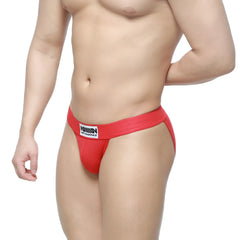 Red athletic briefs from MetroMaleWear Deseo Bikini 3304-12 featuring a white label with black text