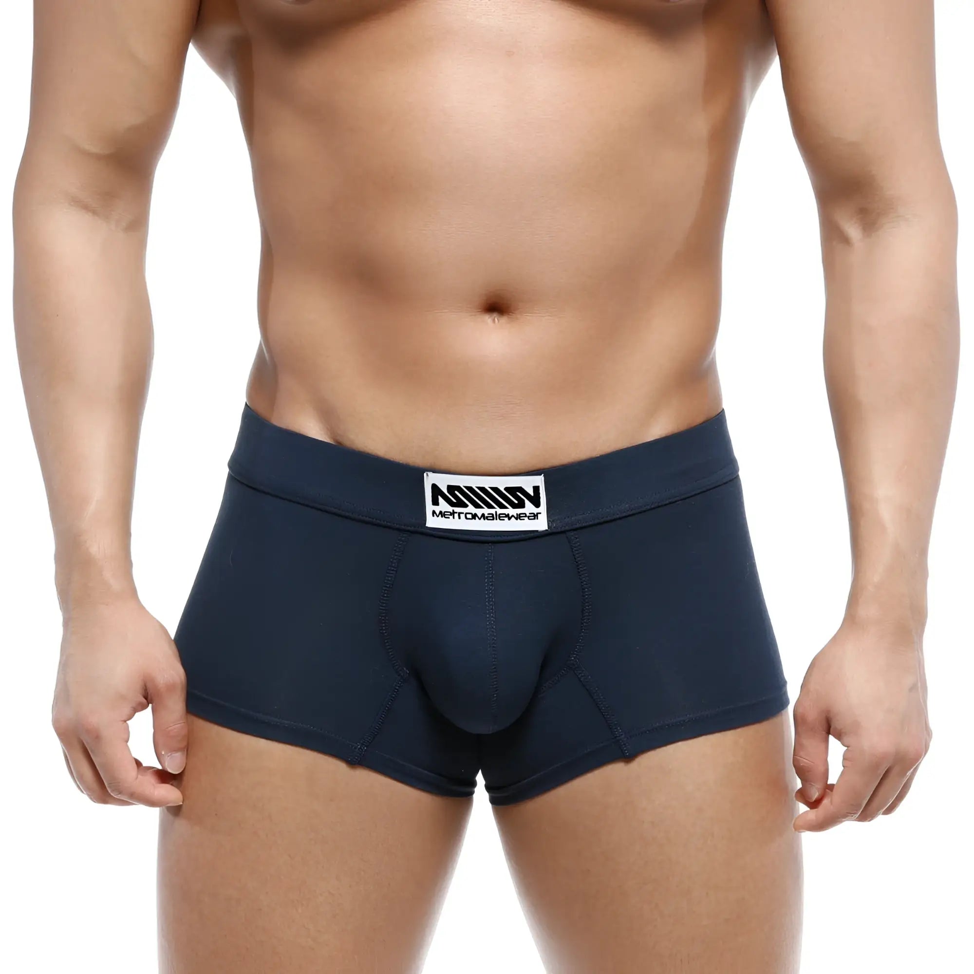 Navy blue metro malewear deseo boxer briefs with white label featuring brand name and logo in cotton blend fabric