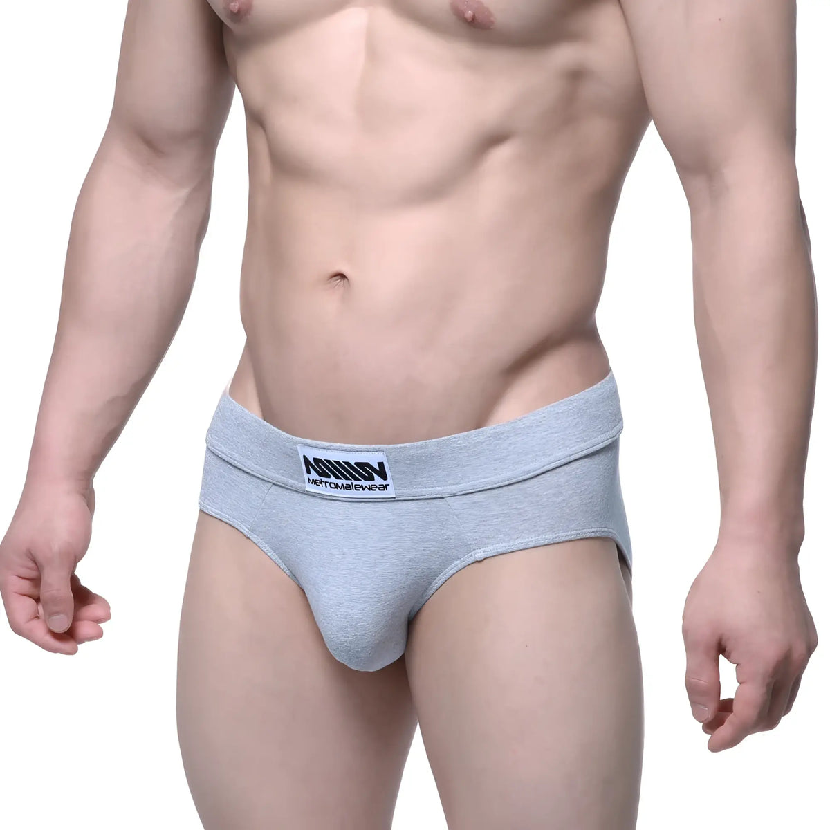 Gray heathered cotton MetroMaleWear Deseo brief with black and white branded waistband for comfortable wear