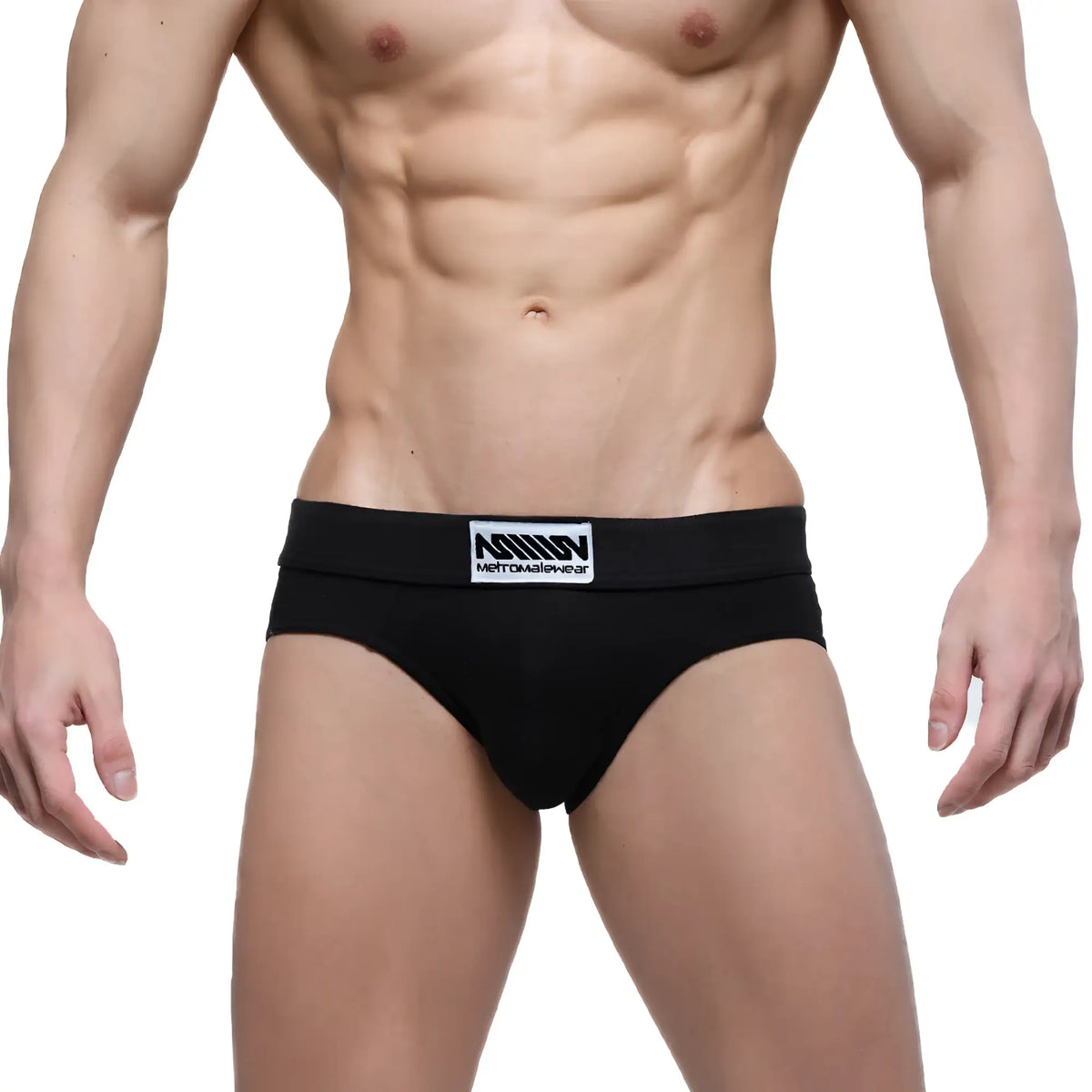 Black men’s MetroMaleWear Deseo Brief Pearl underwear in black with a white logo patch on the waistband