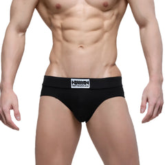 Black men’s MetroMaleWear Deseo Brief Pearl underwear in black with a white logo patch on the waistband