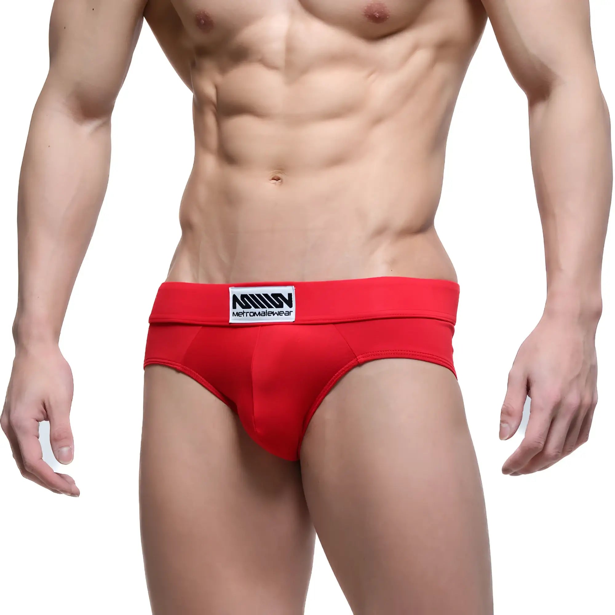 Red mens briefs metro malewear deseo brief 5503-12 with white and black logo on waistband