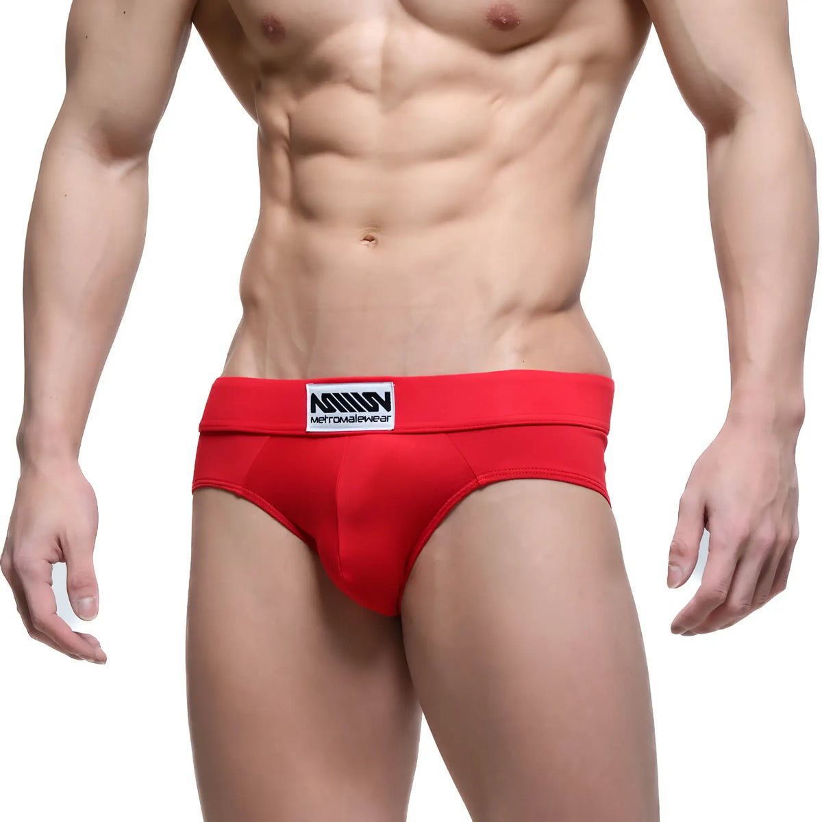 Red mens briefs metro malewear deseo brief 5503-12 with white and black logo on waistband