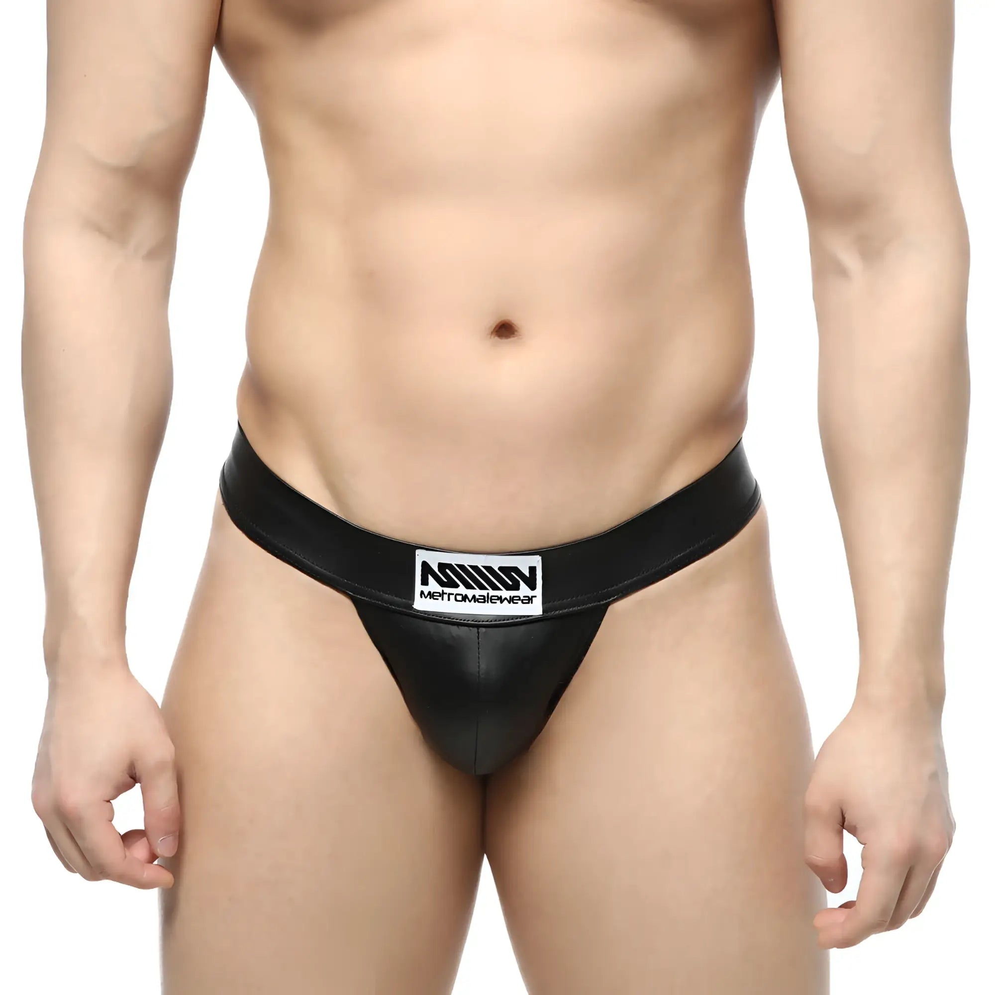 Black leather-like MetroMaleWear Deseo thong metal black 3312-30 with white rectangular logo patch on waistband