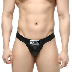 Black leather-like MetroMaleWear Deseo thong metal black 3312-30 with white rectangular logo patch on waistband