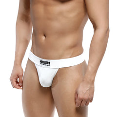 White men’s briefs with black metro malewear logo on waistband from deseo thong white 3312-00 collection