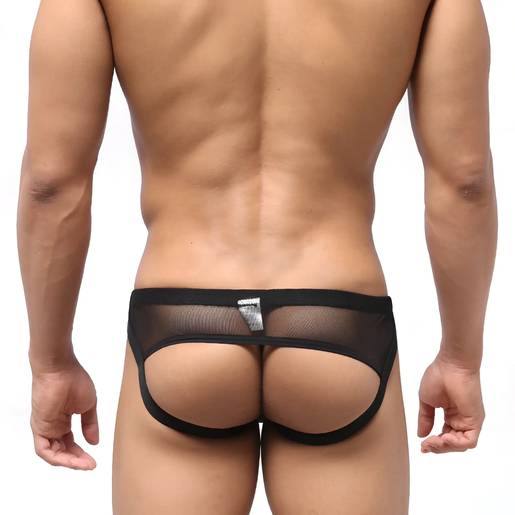 Black mesh thong jock strap with solid black waistband and silver metro malewear logo tag from despejado 1301-20