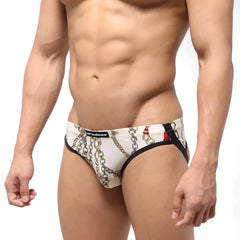 White men’s briefs with chain and lock pattern black trim and misto waistband from metromalewear despejado jock strap lujo 1301-31