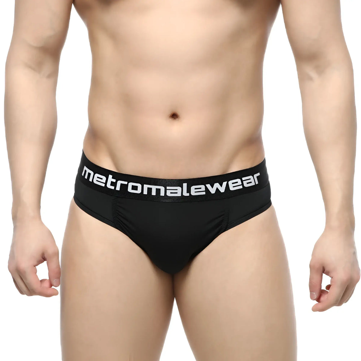 Black metromalewear dolce briefs with a white logo band featuring comfortable breathable fabric
