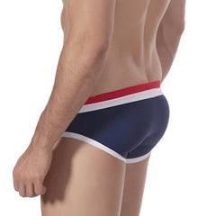 Navy blue metro malewear double band swim brief with red and white striped waistband for swimming and beachwear