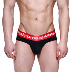 Black briefs with a red elastic waistband featuring the metromalewear logo in white from MetroMaleWear Downhole Brief 3029-20