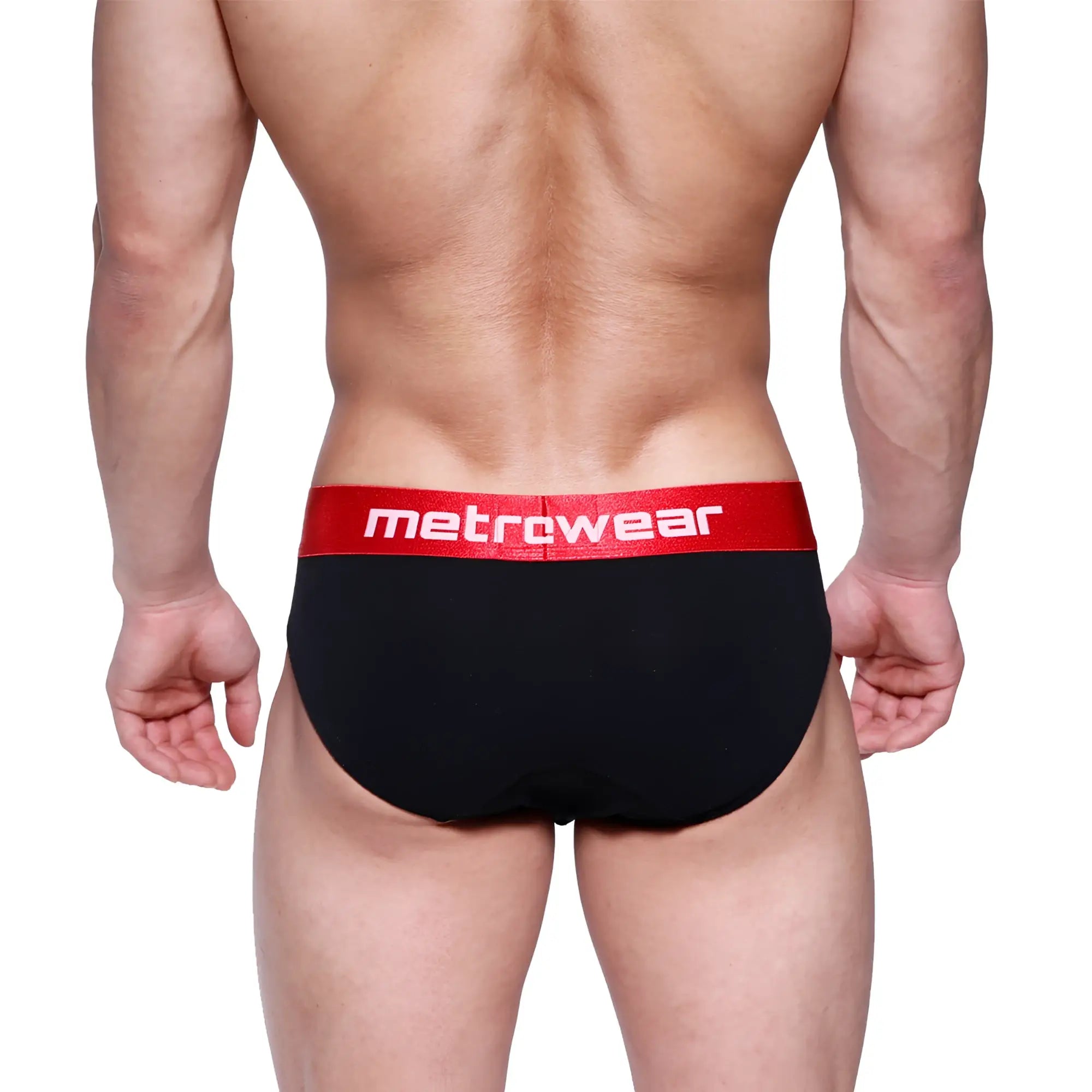 Black metro male wear downhole brief with red waistband and white metrowear logo for comfortable support