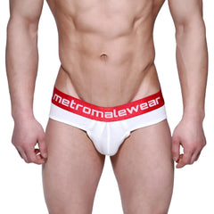 White briefs with a red waistband featuring the metromalewear logo in white from metromalewear downhole brief 3029-00
