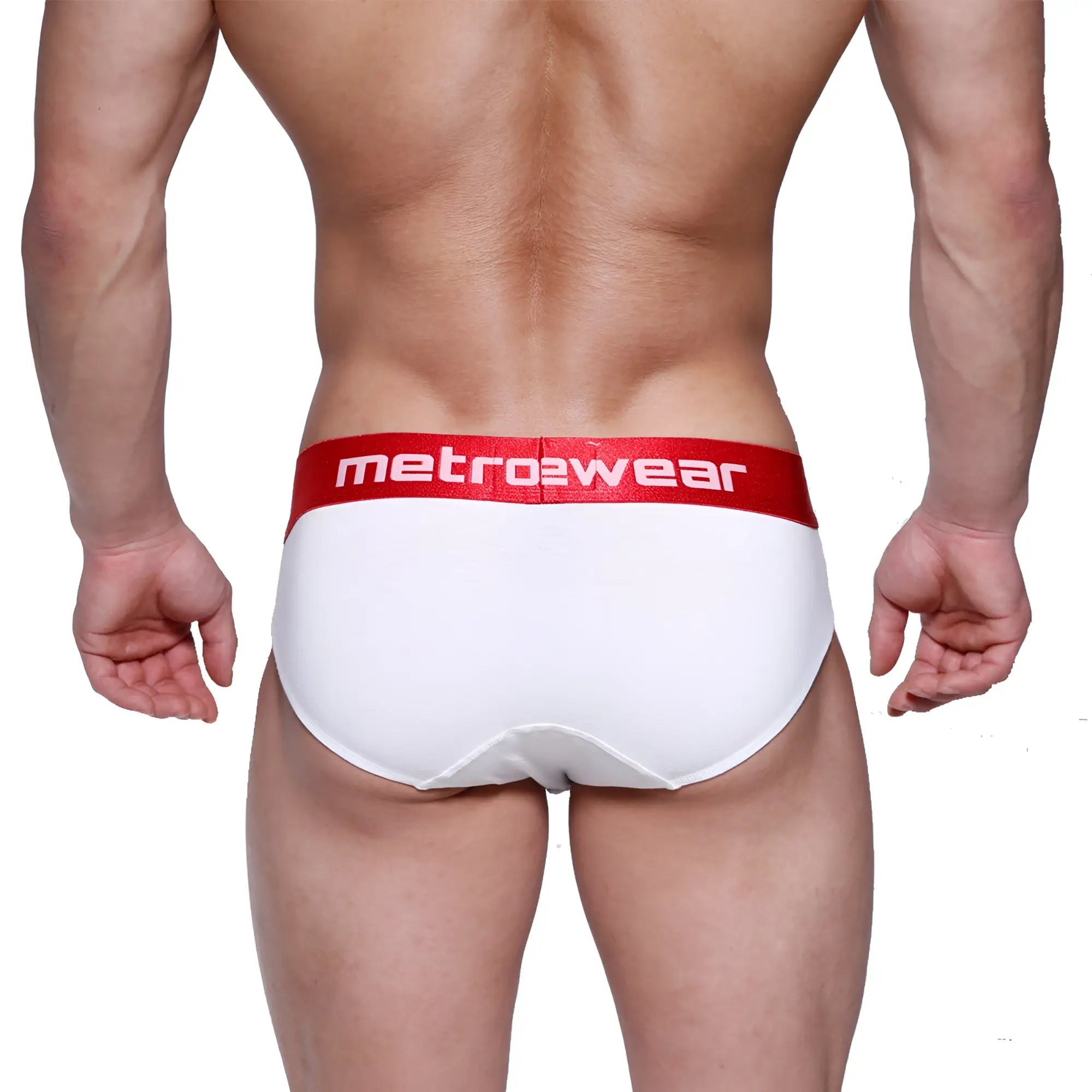 White metro2wear briefs with red waistband logo metromalewear downhole brief 3029-00 design