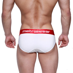 White metro2wear briefs with red waistband logo metromalewear downhole brief 3029-00 design