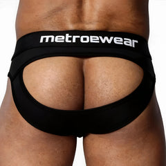 Black MetroMaleWear Drake jock briefs with wide waistband and cutout design for comfortable activewear use