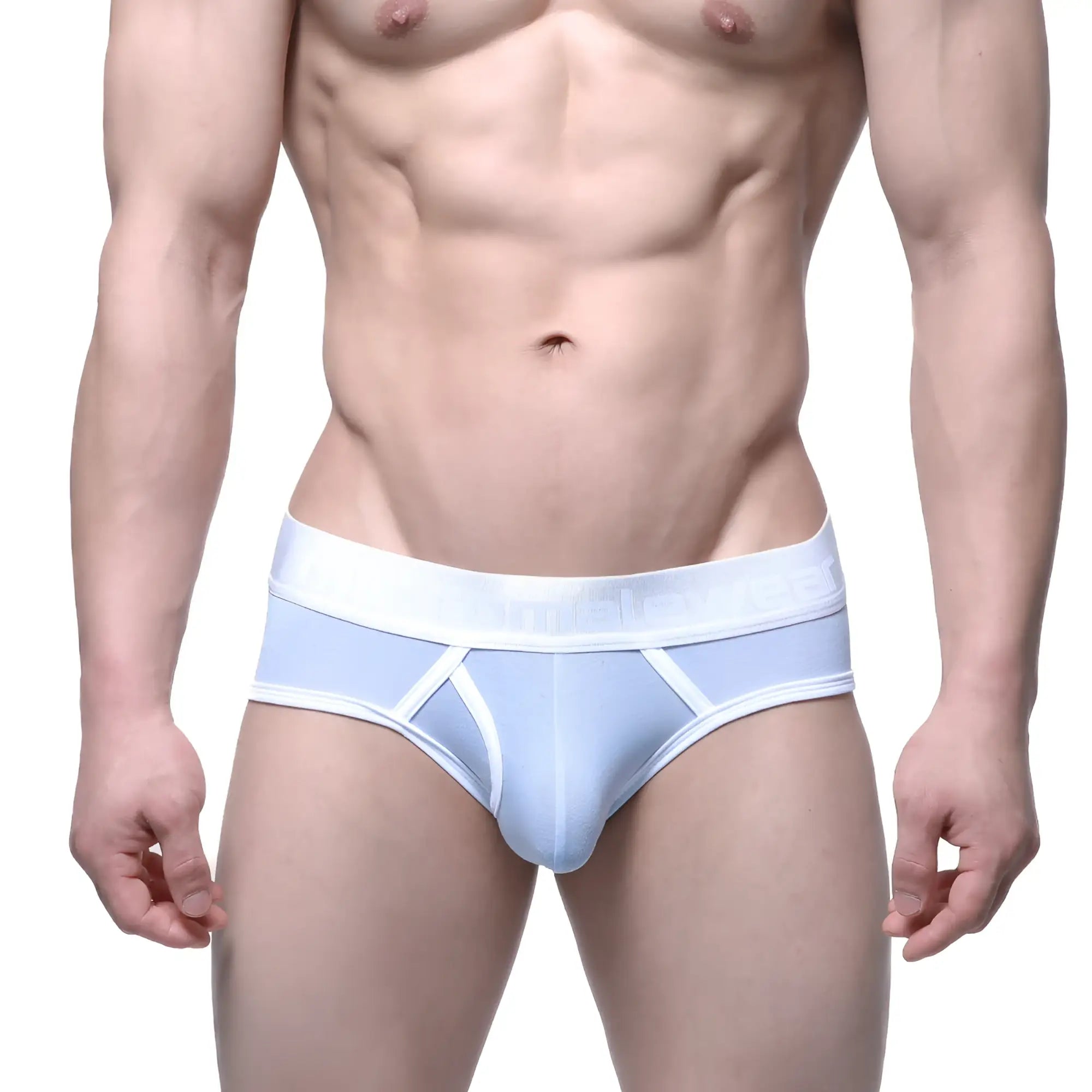Light blue mens briefs with white trim and subtle logo on waistband MetroMaleWear Duke Brief Baby Blue 1103-08