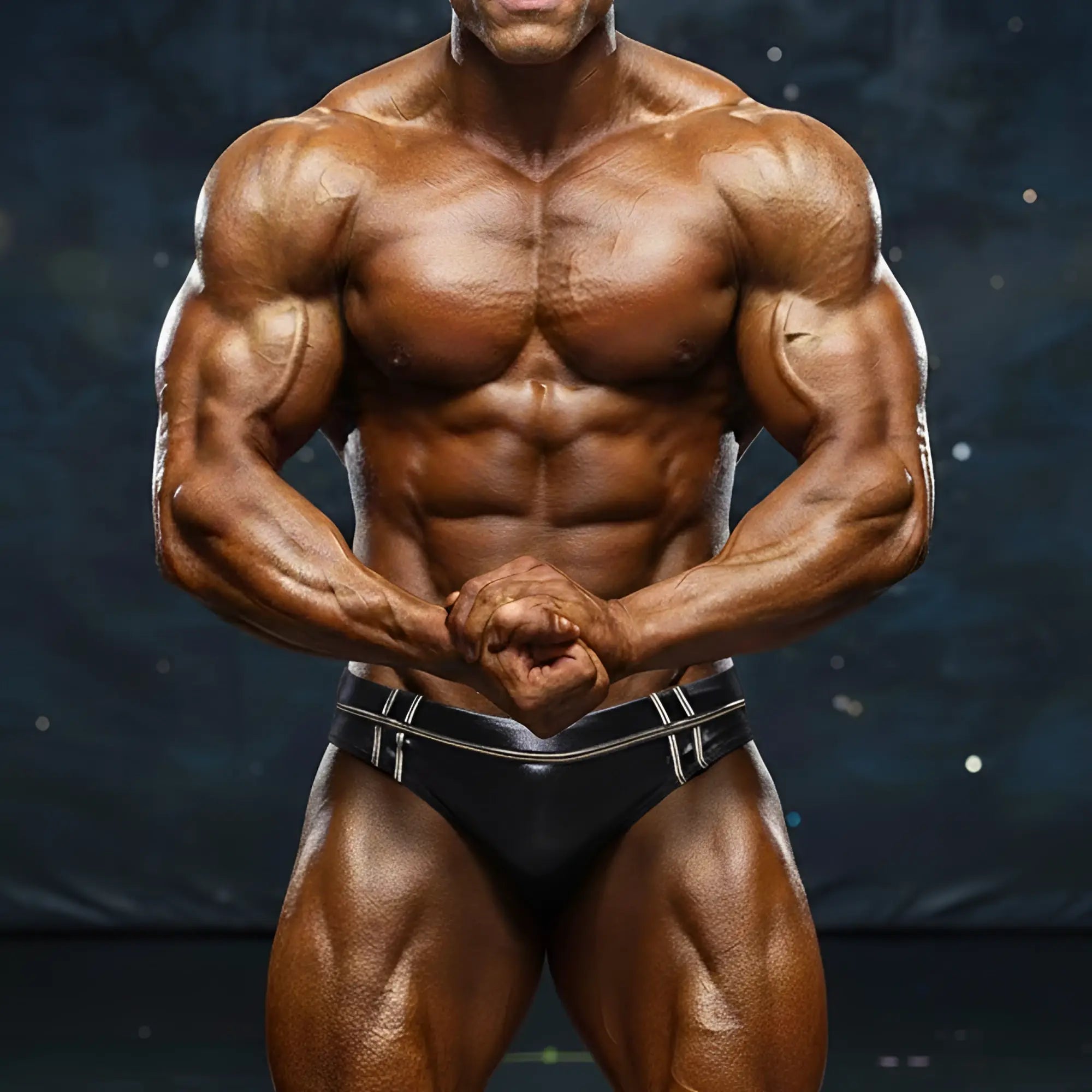 A muscular man wearing metroMalewear duque black swim brief with silver trim in a form-fitting design