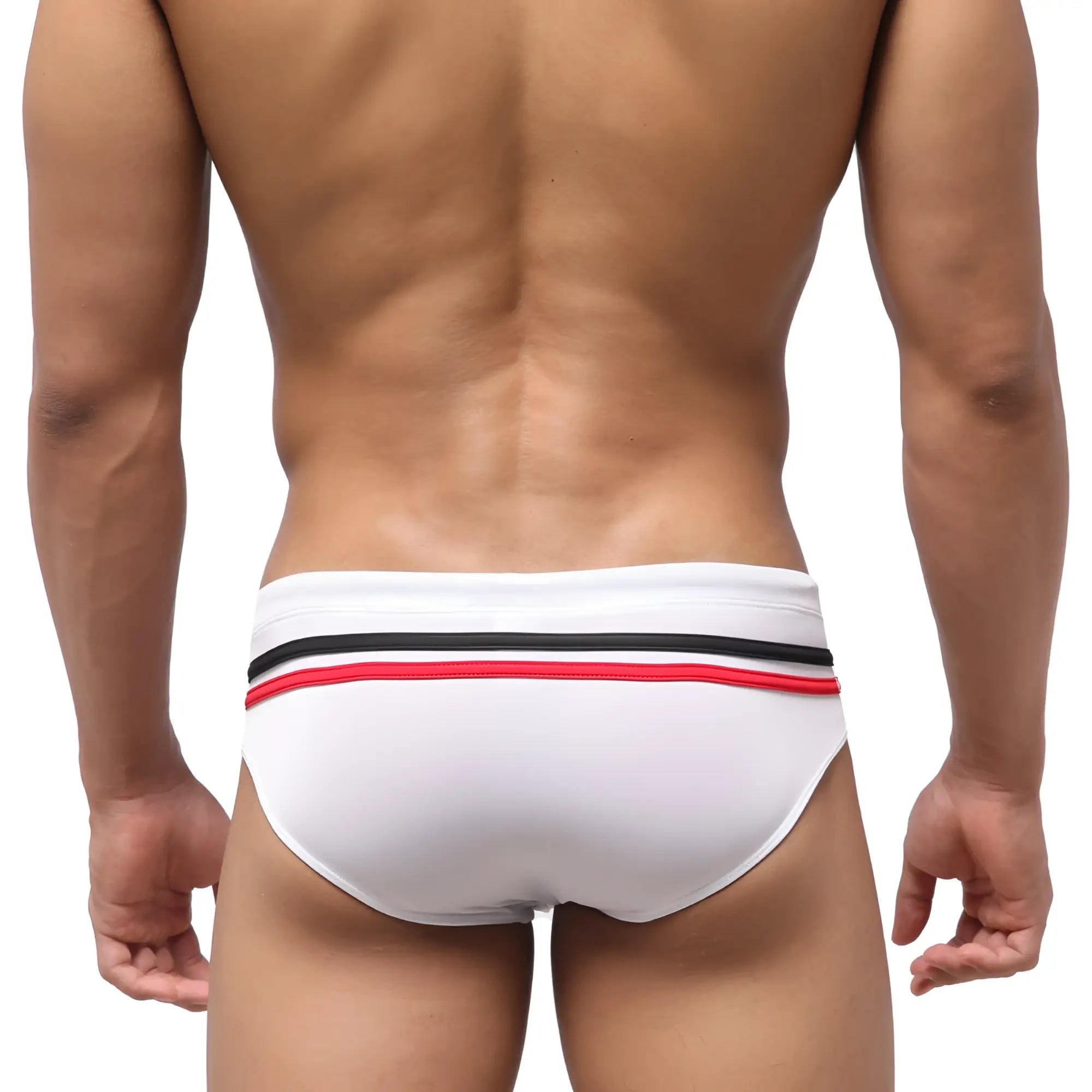 White swim trunks with a black and red striped waistband from metromalewear eagle swim brief 4948-01