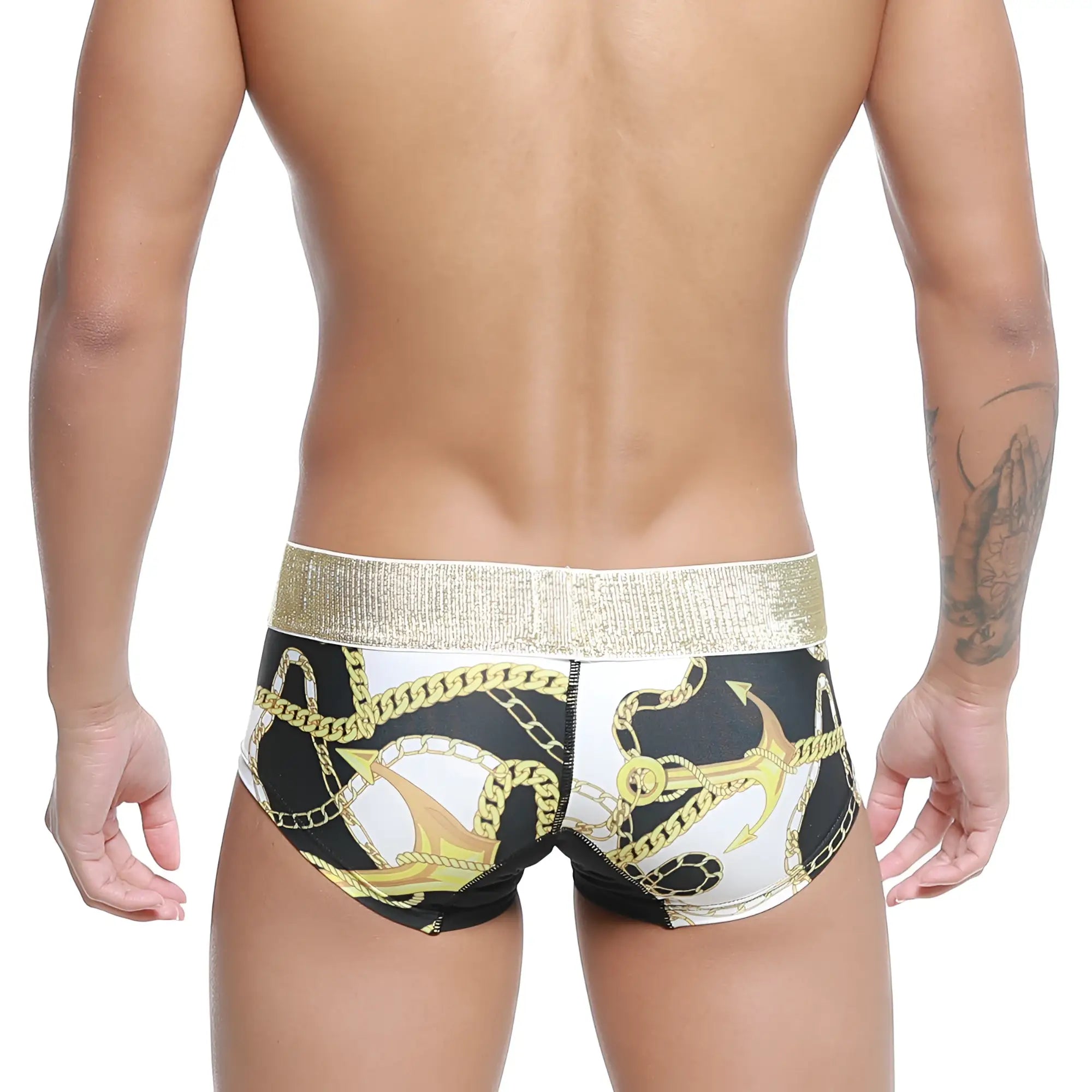 Black and white MetroMaleWear Egyptian Trunk 7013-99 swim trunks with gold anchor chain pattern and metallic waistband