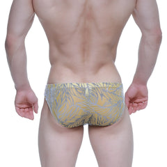 MetroMaleWear elegant bikini 5103-M65 yellow and silver tropical leaf-patterned swim trunks for men