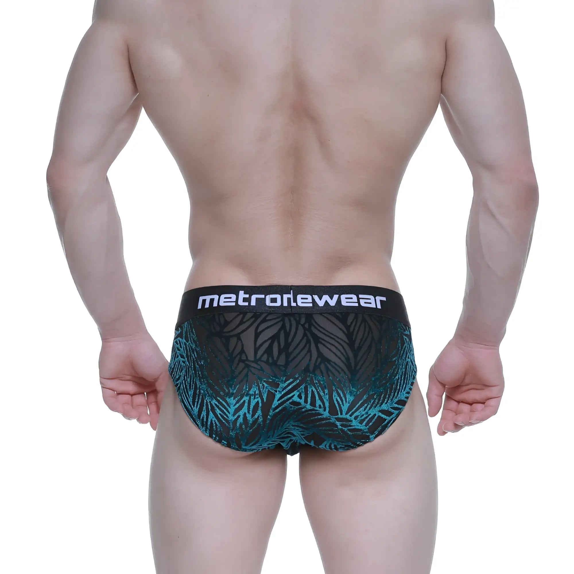 MetroMaleWear elegant brief black 5203-63 men’s briefs with black and teal tropical leaf pattern and branded waistband