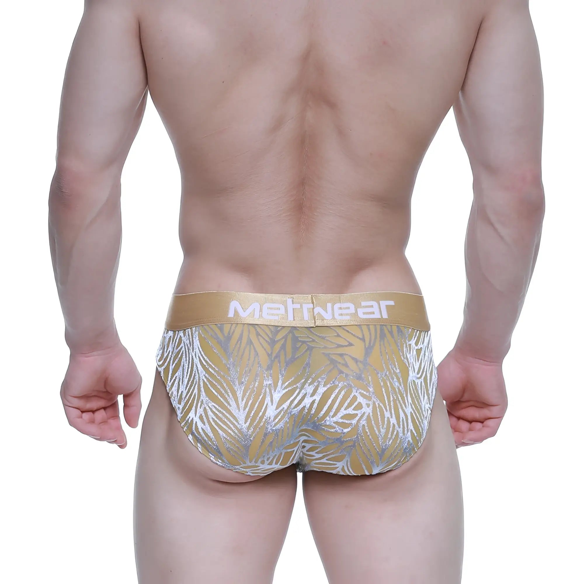 MetroMaleWear elegant briefs gold 5203-62 with gold and silver leaf pattern and tan waistband featuring metwear logo
