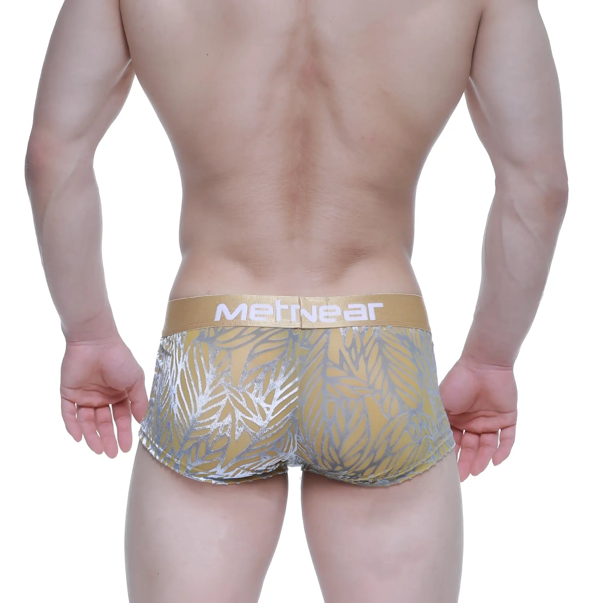 MetroMaleWear elegant short boxer 2026-65 gold and silver leaf patterned men’s briefs with metallic waistband front view
