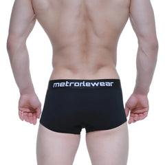 Black metro malewear elemental boxer briefs featuring a white logo waistband designed for comfort and support