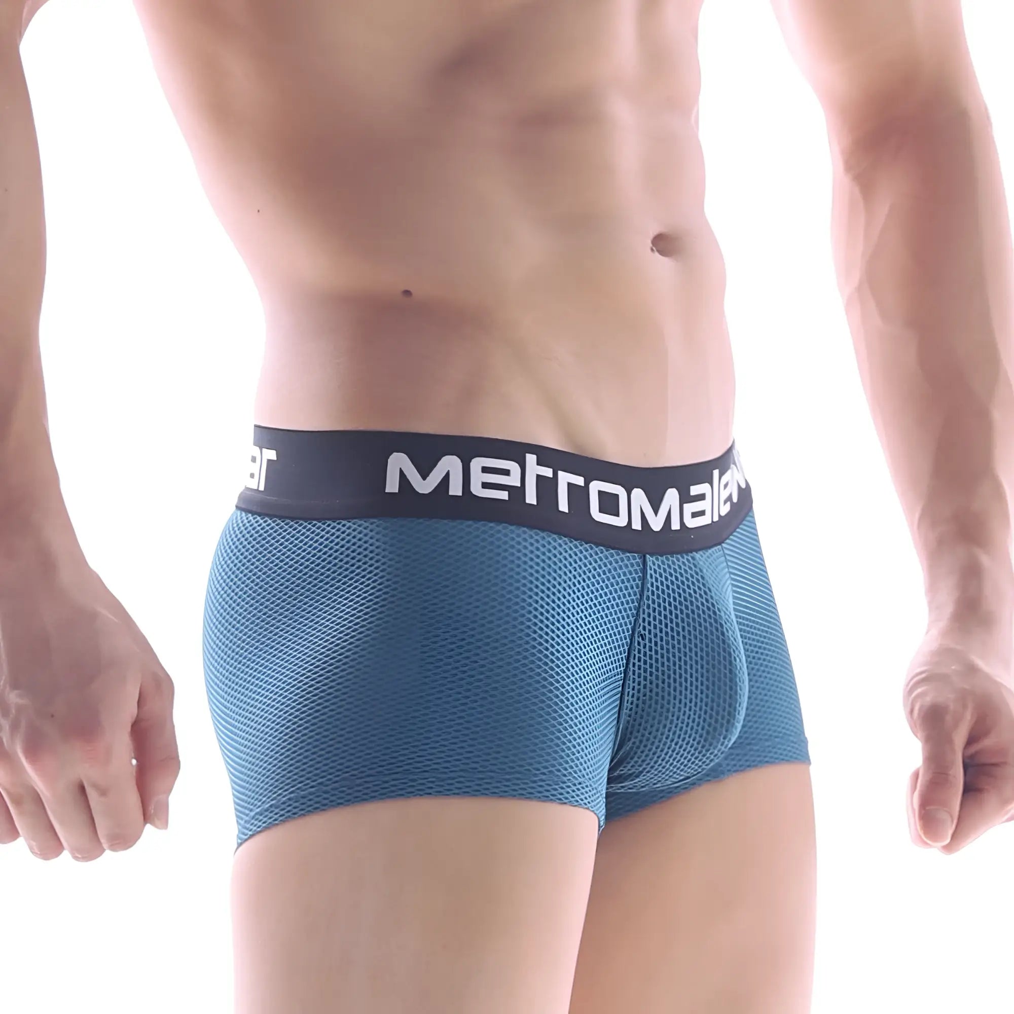 Blue mesh briefs with a black waistband featuring the metromale logo in white from MetroMaleWear 2022-27 collection