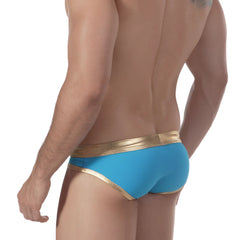 MetroMaleWear Empire swim brief in bright blue with shiny gold waistband and trim for stylish poolside wear