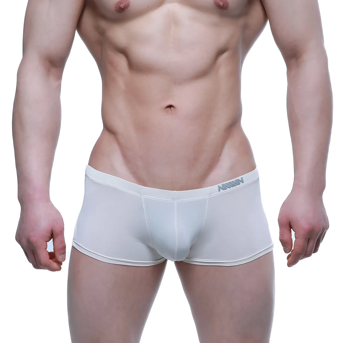 White men’s briefs metro malewear enhancement boxer beige 2043-02 with snug fit and subtle gray waistband branding