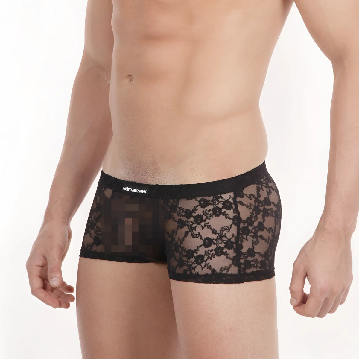 Black lace mens briefs with solid waistband featuring metroglove brand name from MetroMaleWear enhancement boxer lace black 2043-72
