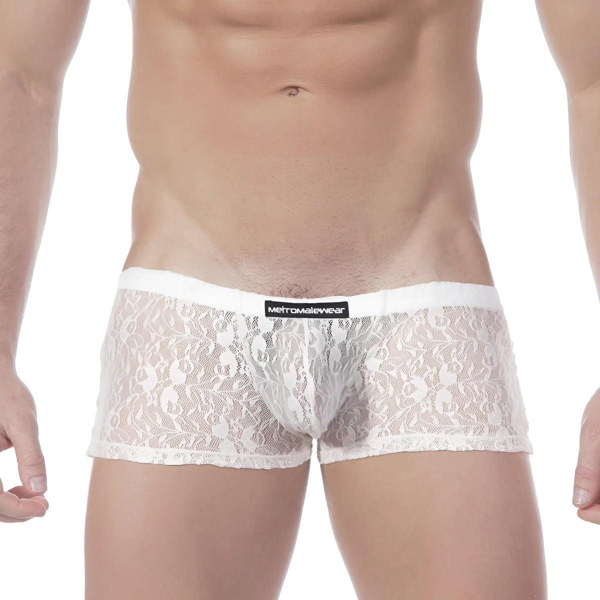 White lace men’s briefs with a black metro male wear brand label on the waistband in enhancement boxer lace nude 2043-71