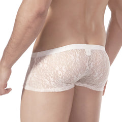 White lace men’s briefs with delicate floral pattern and elastic waistband from MetroMaleWear enhancement boxer lace nude