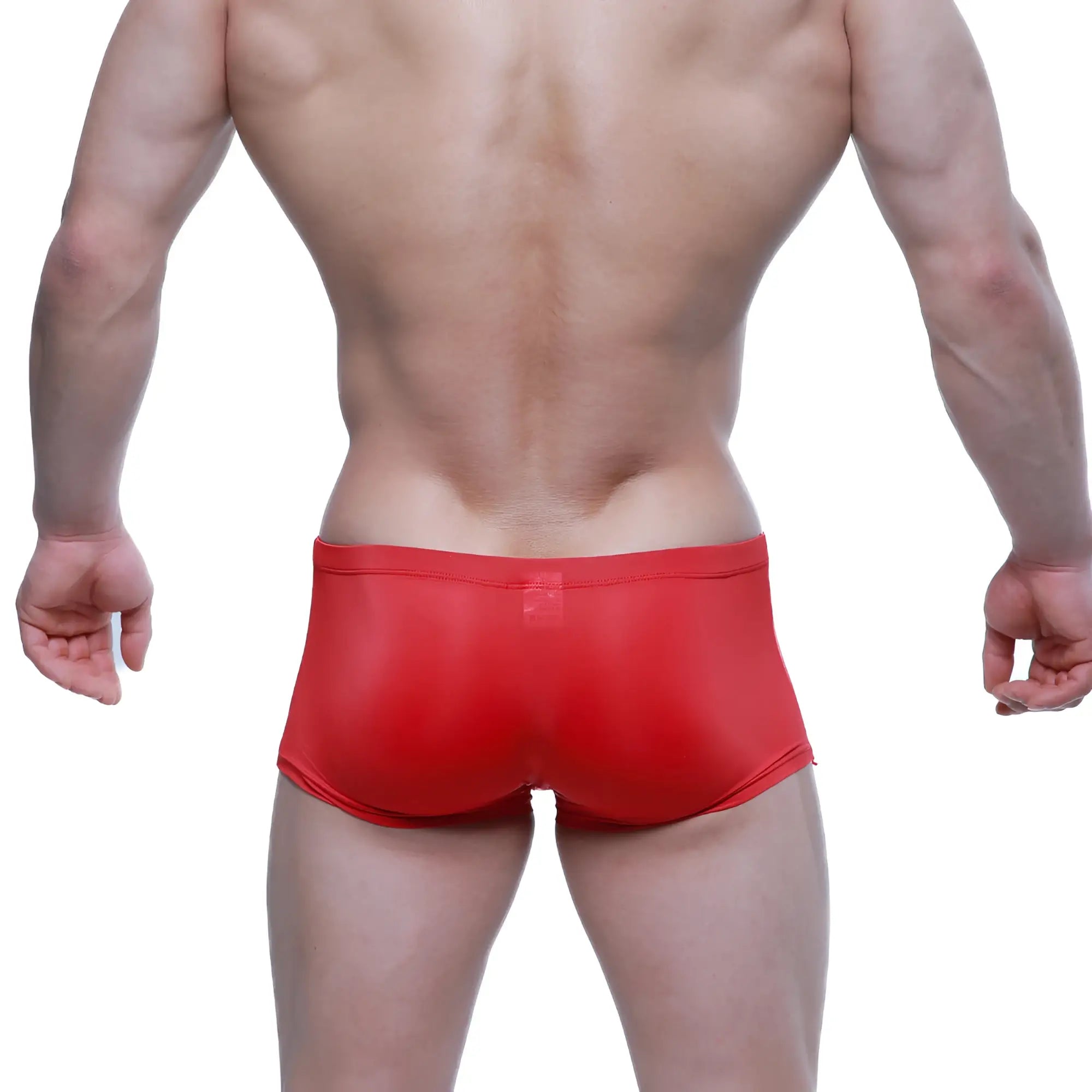 MetroMaleWear enhancement boxer red 2043-12 shiny form-fitting swim trunks designed for men’s swimwear use