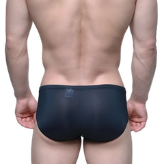 MetroMaleWear Entropy bikini black swim trunks with smooth stretchy fabric and a small transparent waistband label