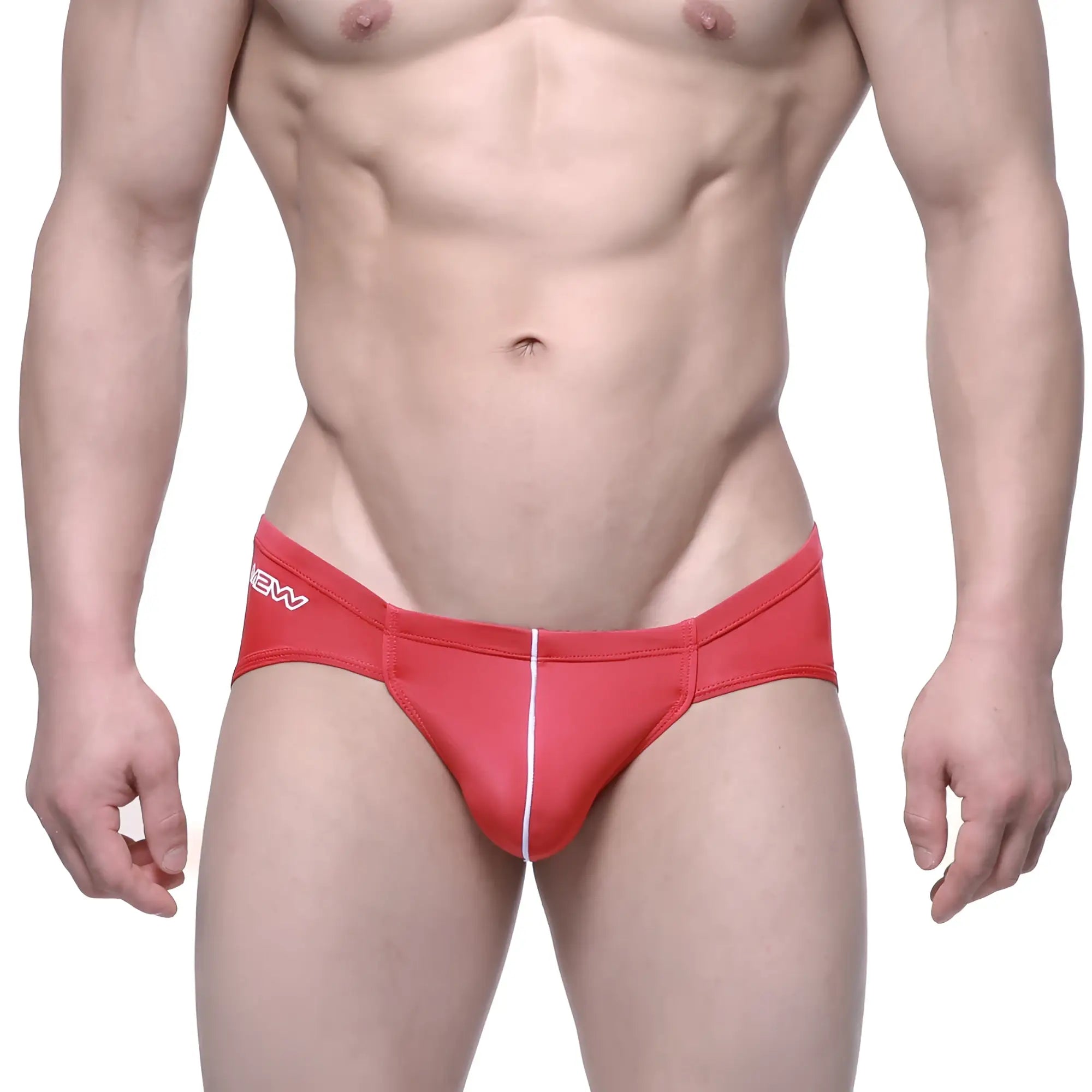 Red metro male wear entropy bikini briefs with white vertical seam and new branding on waistband