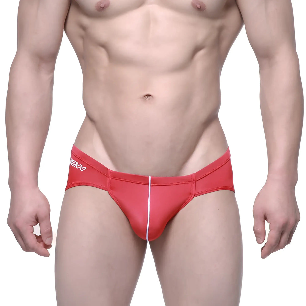 Red metro male wear entropy bikini briefs with white vertical seam and new branding on waistband