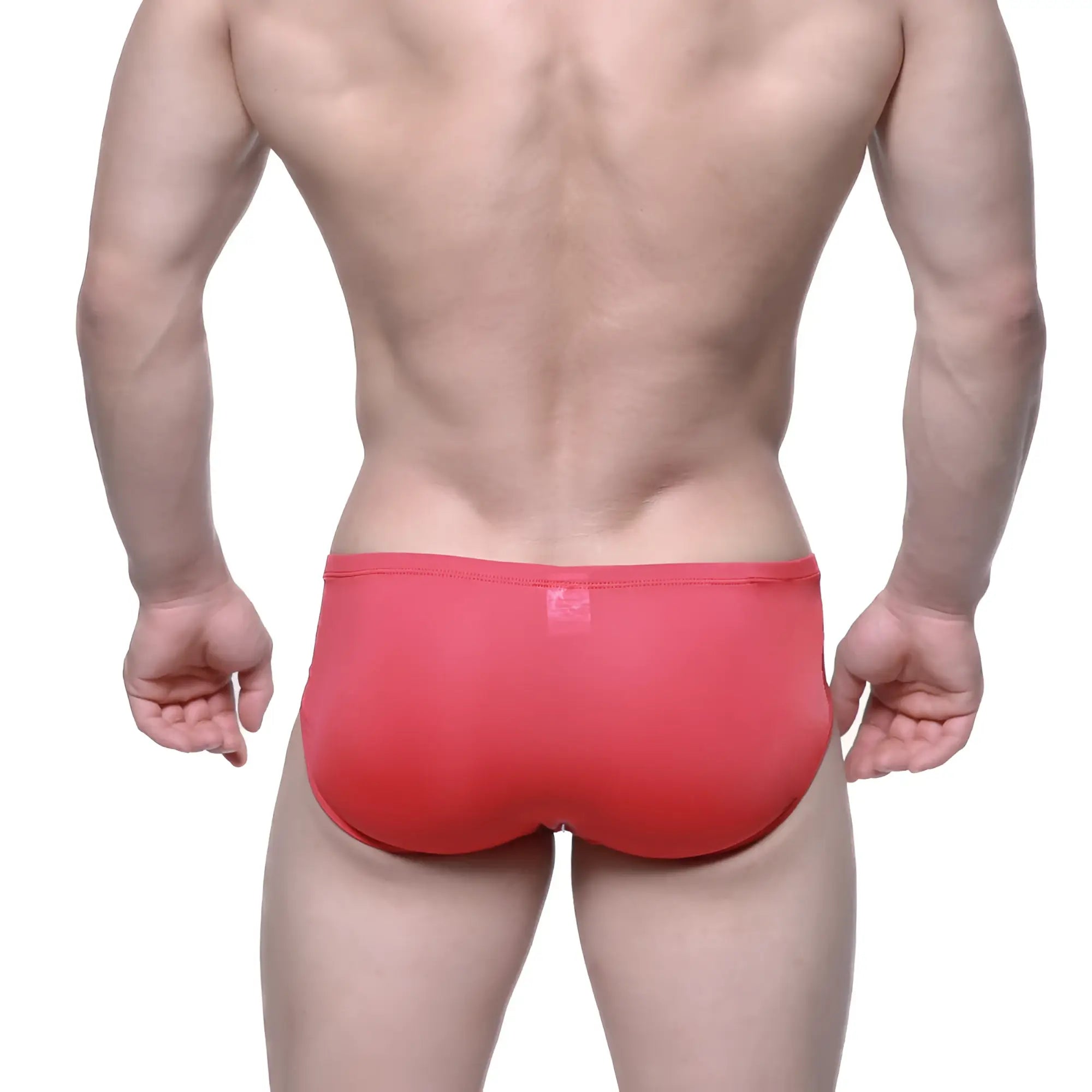 Back view of metroMaleWear entropy bikini red 1006-12 men’s briefs with smooth fabric and small logo on waistband