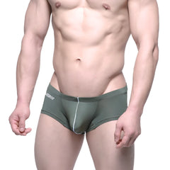 Olive green mens briefs with white stitching and subtle metro malewear logo on waistband metro malewear entropy trunk green 2125-06