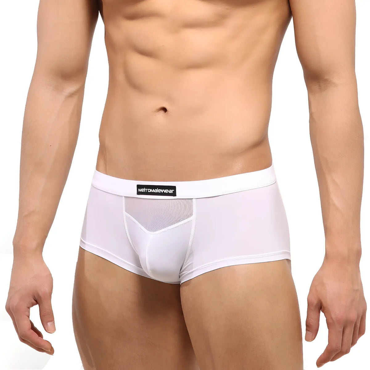 MetroMaleWear Escondido hip trunk white men’s briefs with mesh panel and elastic waistband in front view