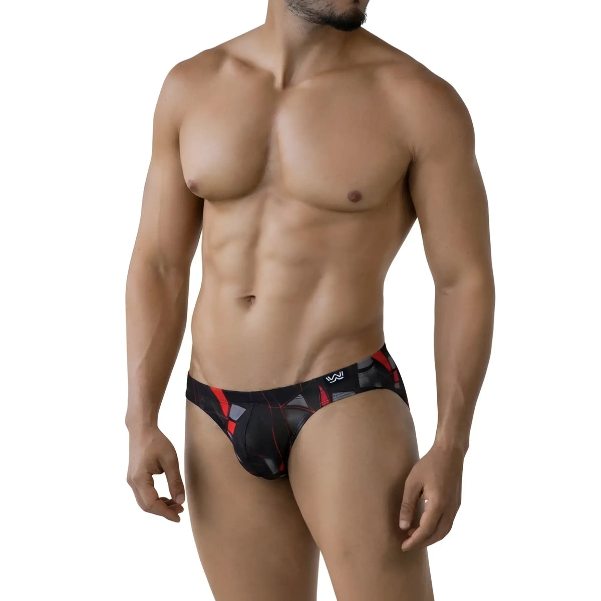 MetroMaleWear Espejo Bikini 5103-M35 black and red geometric patterned men’s briefs with subtle sheen