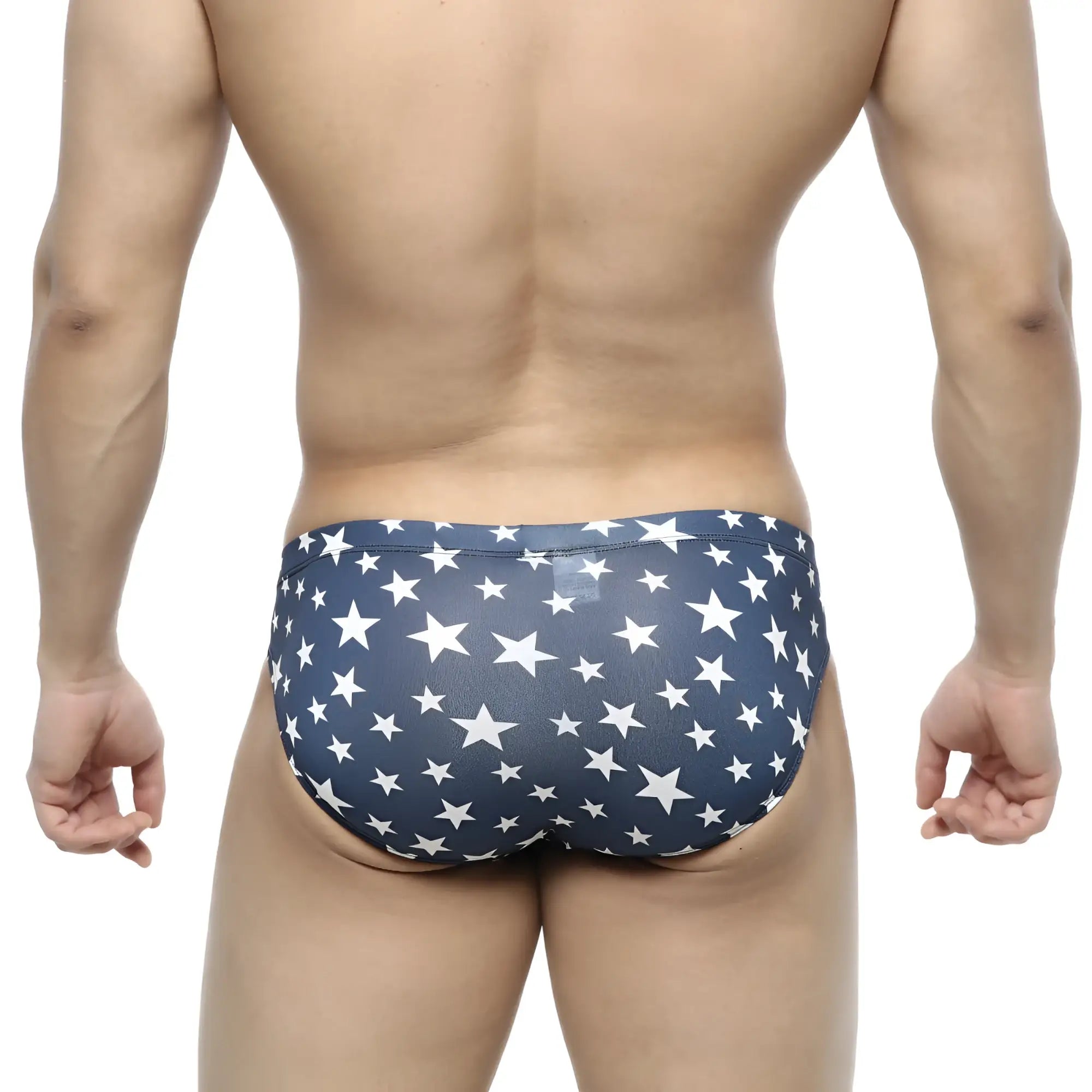 Navy blue swim trunks with white star pattern by metromalewear estella bikini 5103-14 designed for beachwear